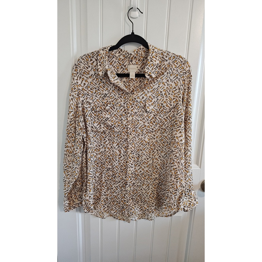 Women Size 2 Large Chico's Whimsical Key Print Button Down Blouse Tan Gold
